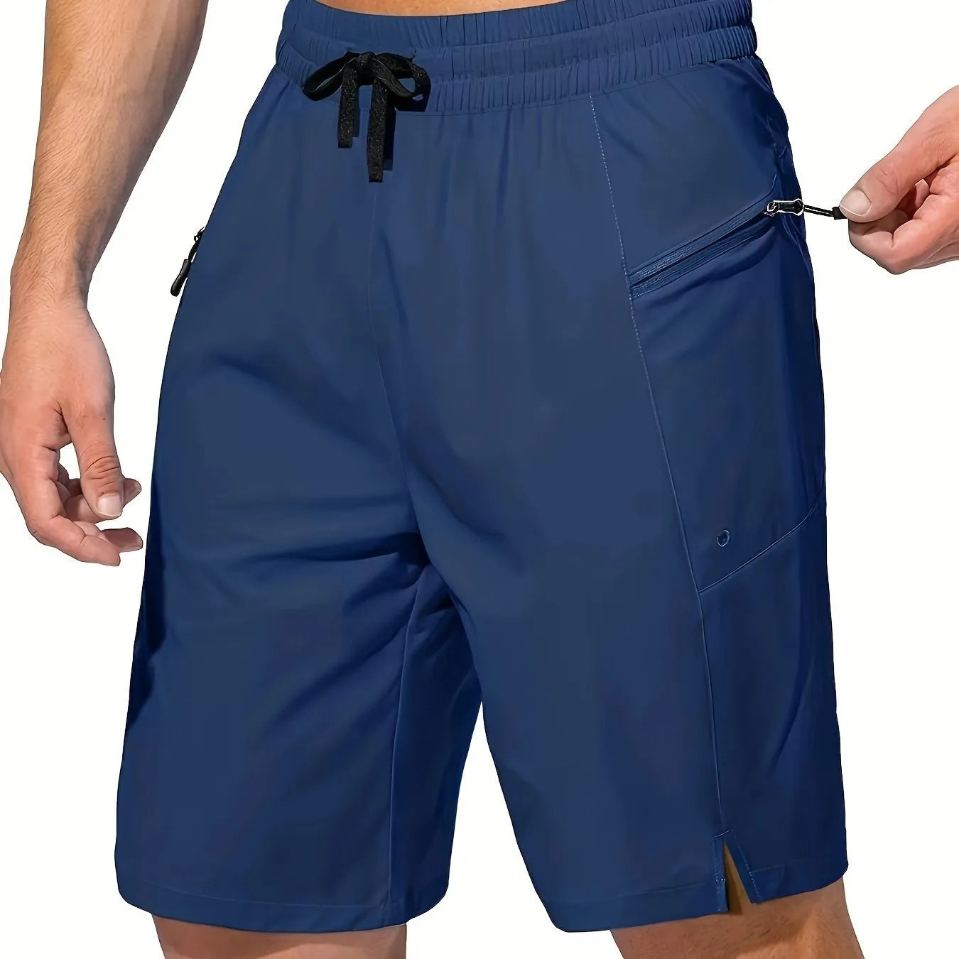 Men's solid colour quick-drying polyester beach shorts in straight leg cut