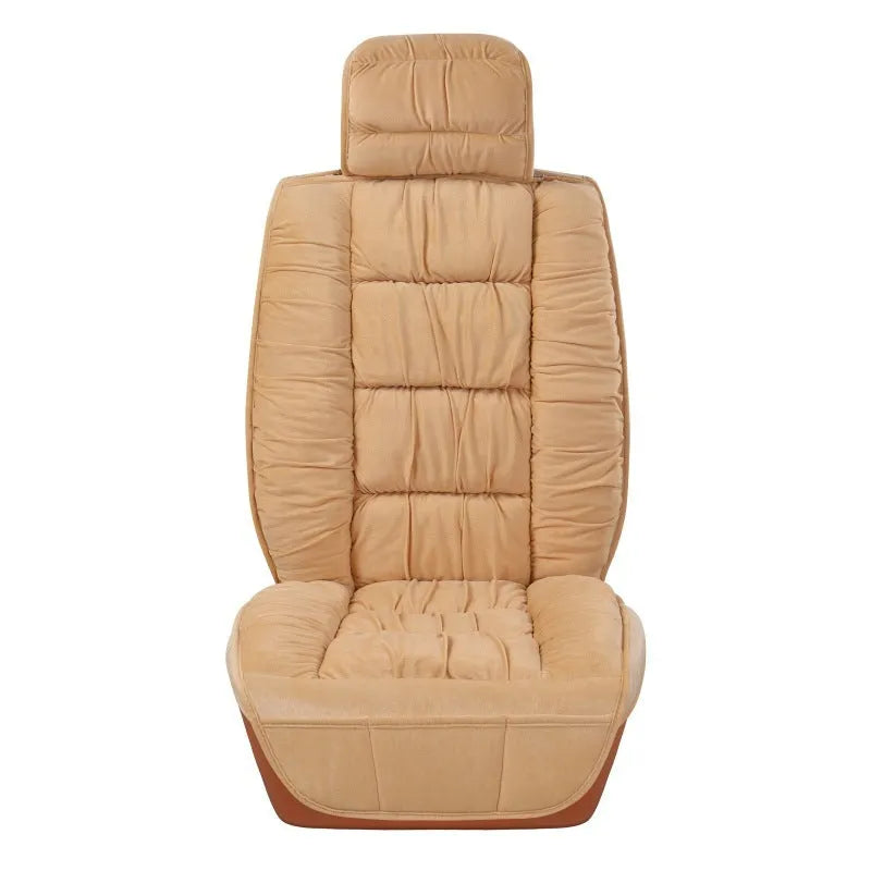 Winter short plush car seat cushion set in grey, showing wool cotton filler and polyester cover.