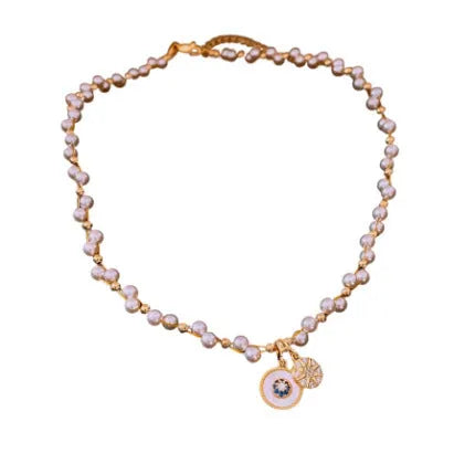 Gold electroplated clavicle necklace with round zircon pearl pendant, adjustable 41-50cm chain