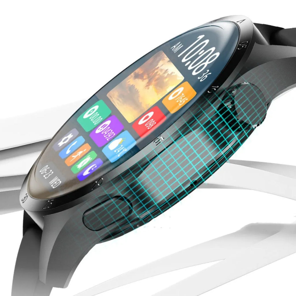 Black smartwatch with Bluetooth calling on a silicone strap, displaying health metrics on its TFT touch screen.