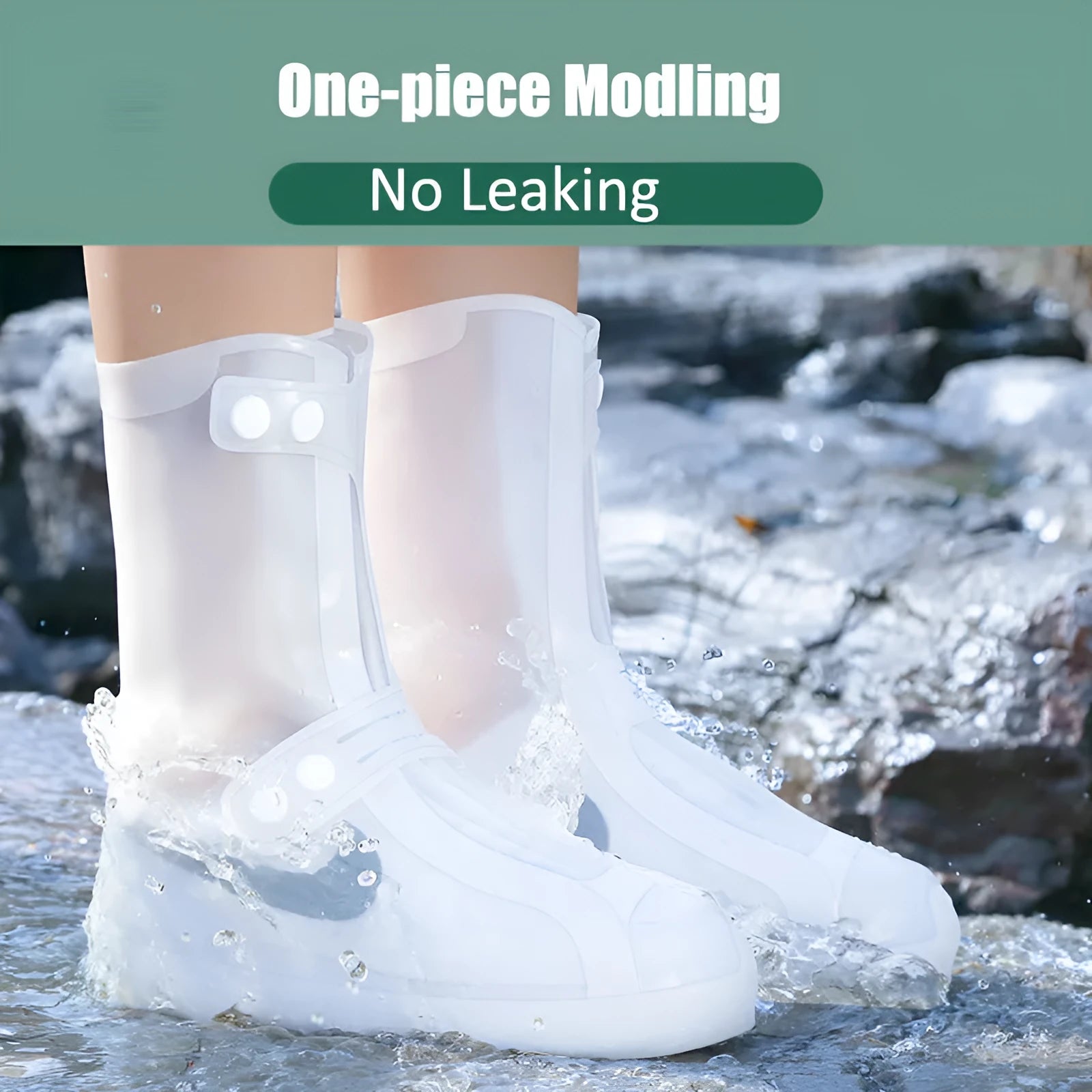 White PVC high top women's water resistant shoe covers with anti-skid soles shown in size options