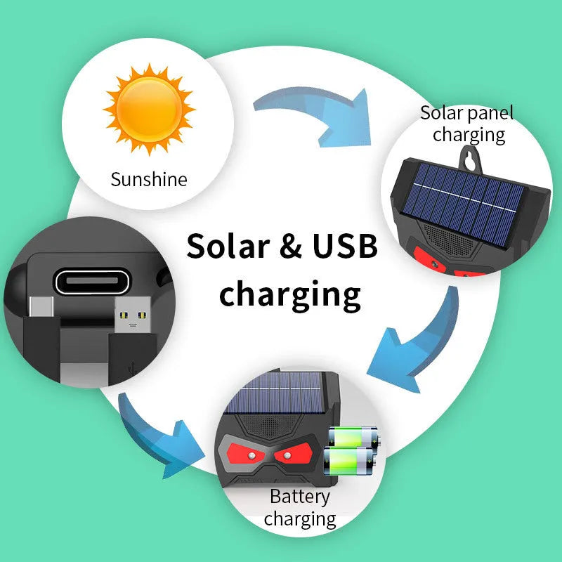 Black animal-shaped solar-powered ultrasonic pest repeller for outdoor use