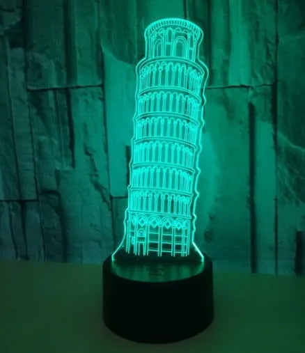 Leaning Tower of Pisa 3D acrylic nightlight with multi-colour LEDs on a black base.