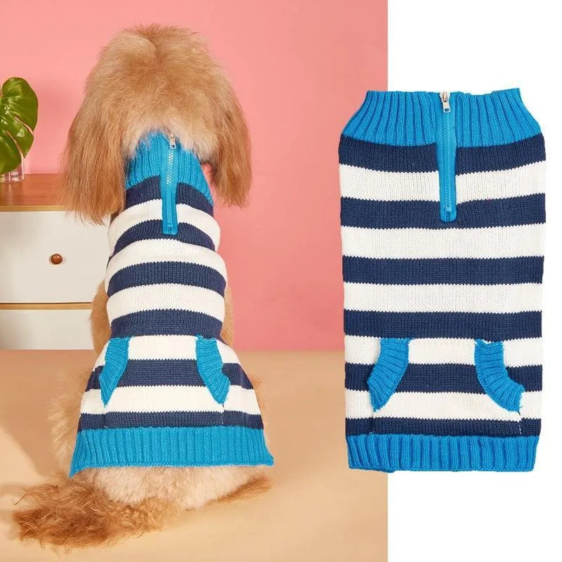 Grey acrylic dog sweater with horizontal blue zipper and button pocket for small medium dogs