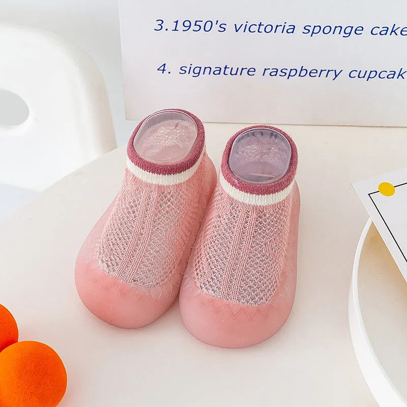 Children's cotton mesh anti-mosquito sock shoes in pink with non-slip sole, short tube style