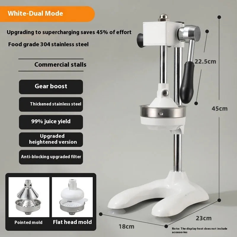 Stainless steel manual vertical citrus juicer on a countertop, showing optional colour finishes and head styles.