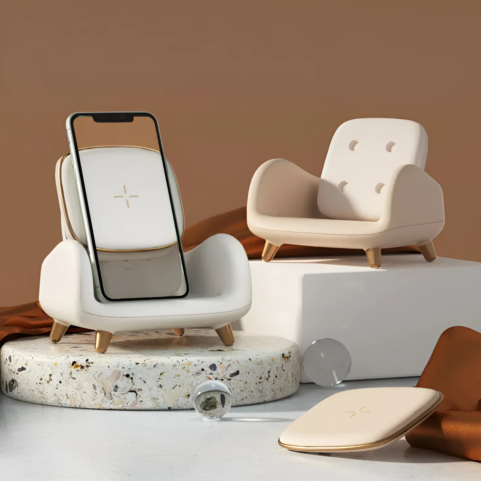 White compact wireless fast charger on a sofa, measuring 98mm by 95mm by 115mm, with USB interface
