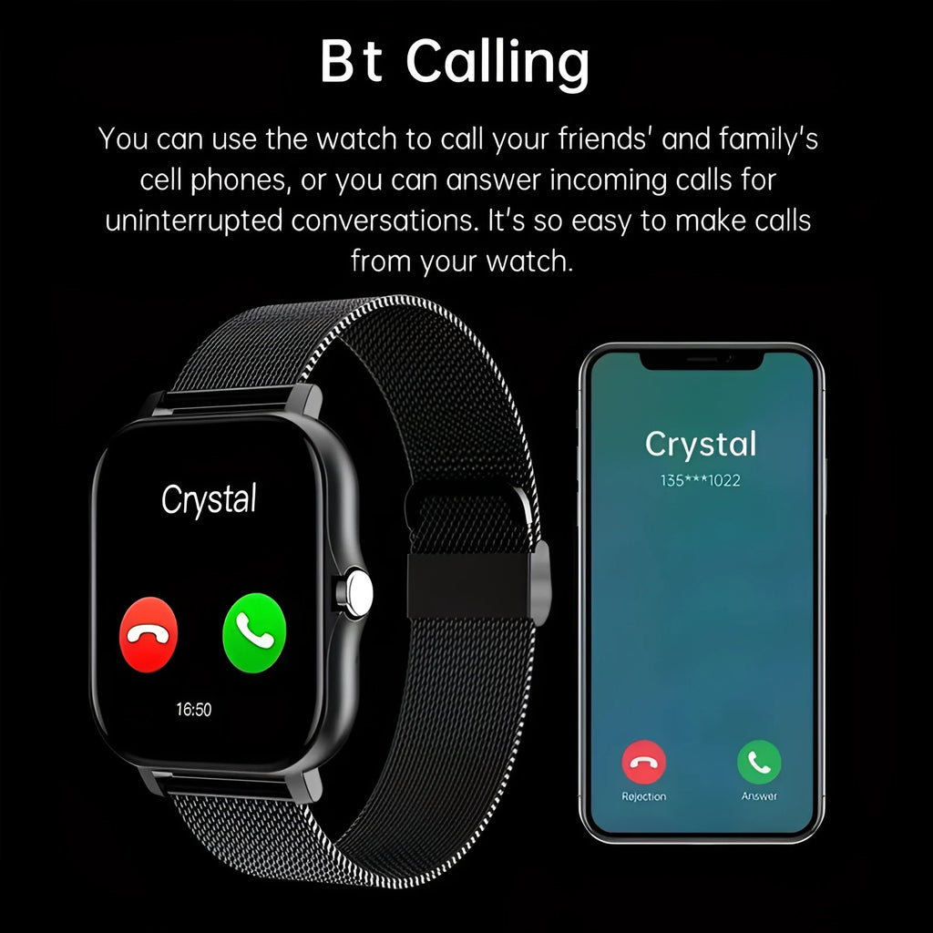 Smart watch with touch screen showing Bluetooth calling and health tracking features on silicone strap