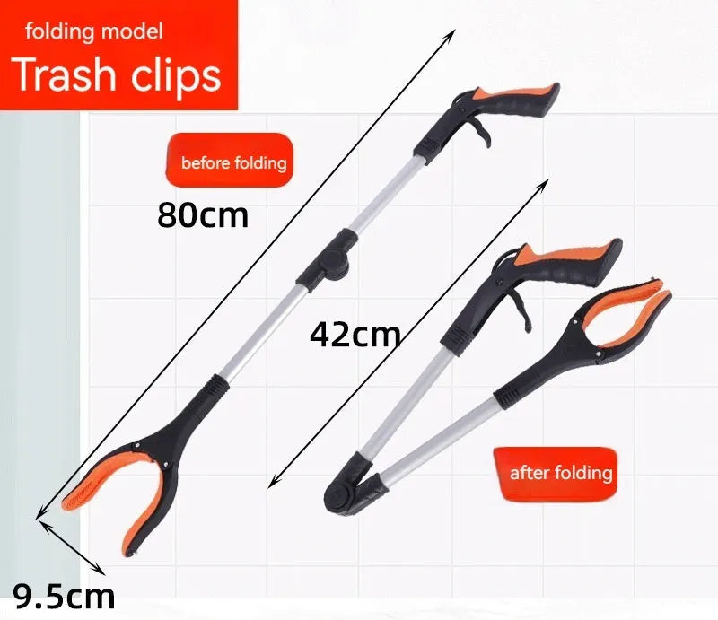 Folding aluminium rubbish clamp with magnetic tip, shown extended and collapsed, with blue handle option.