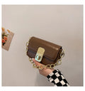Niche chain shoulder messenger phone bag in horizontal square PU with soft handle and lock detail, brown colour option