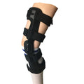 Black anterior ligament knee pad supporter showing left and right knee sizing options