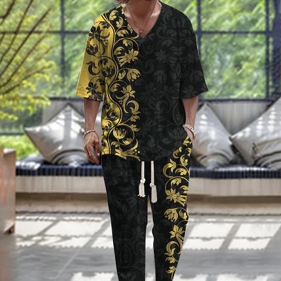 Men's cropped sleeve V-neck polyester suit in two-piece set with trousers