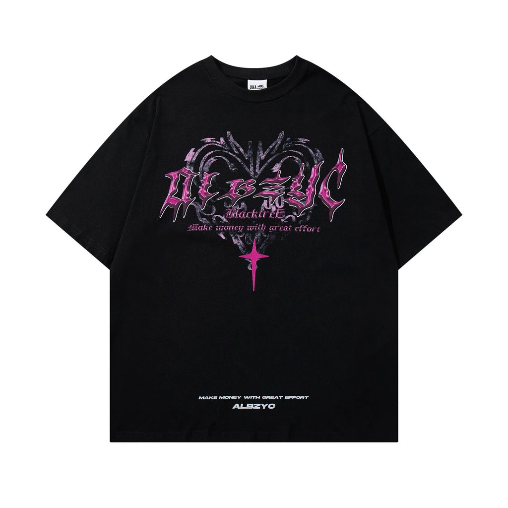 Man wearing a black retro print cotton T-shirt with short sleeves and a round neck.