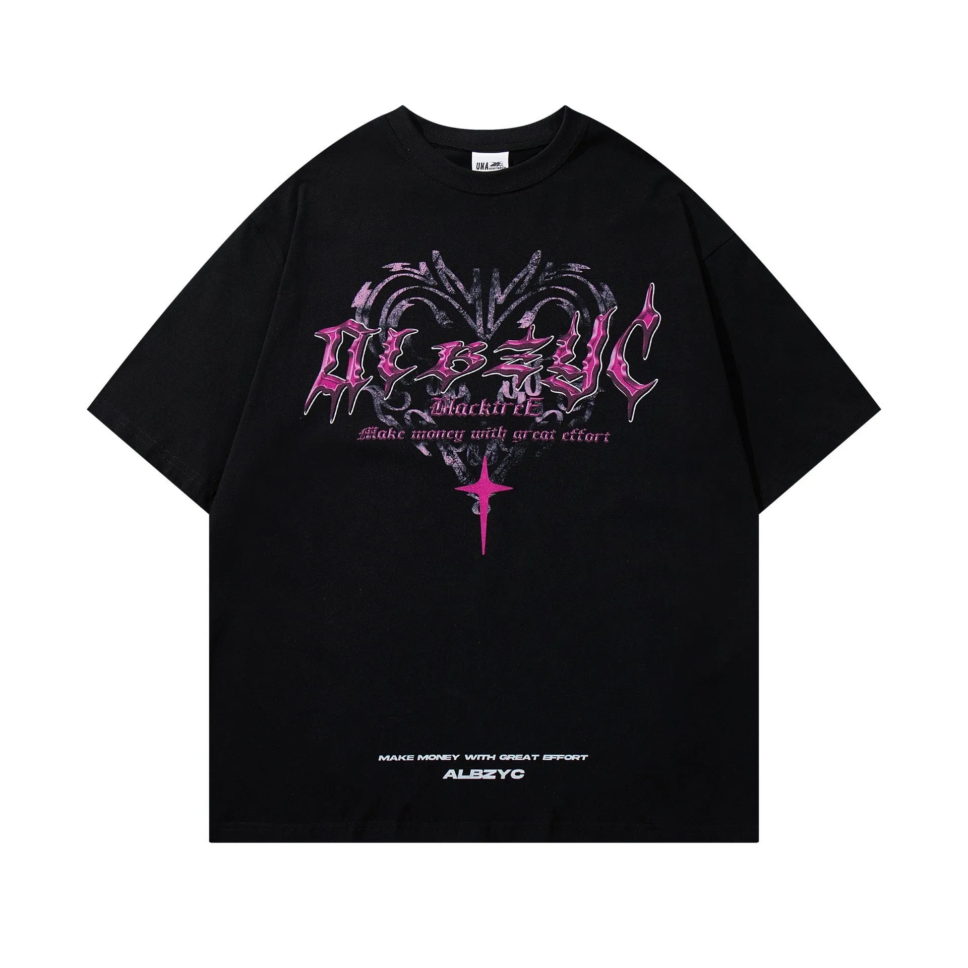 Man wearing a black retro print cotton T-shirt with short sleeves and a round neck.