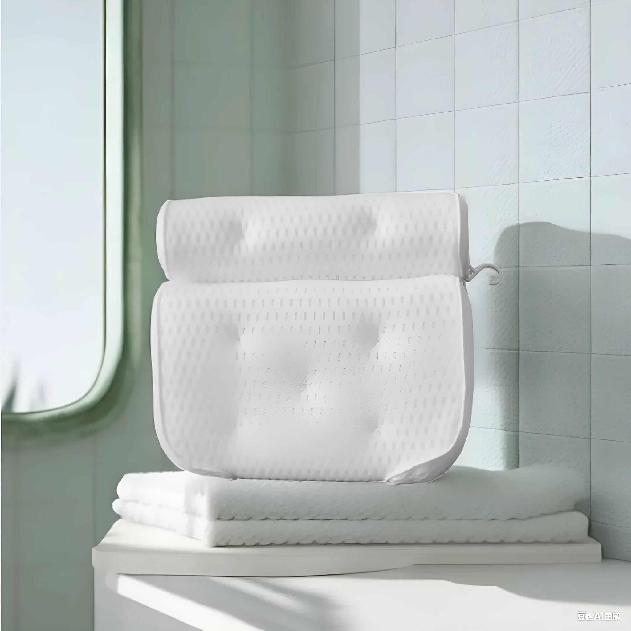 White 4D mesh bathtub pillow with multiple suction cups on a light luxury styled bath mat.