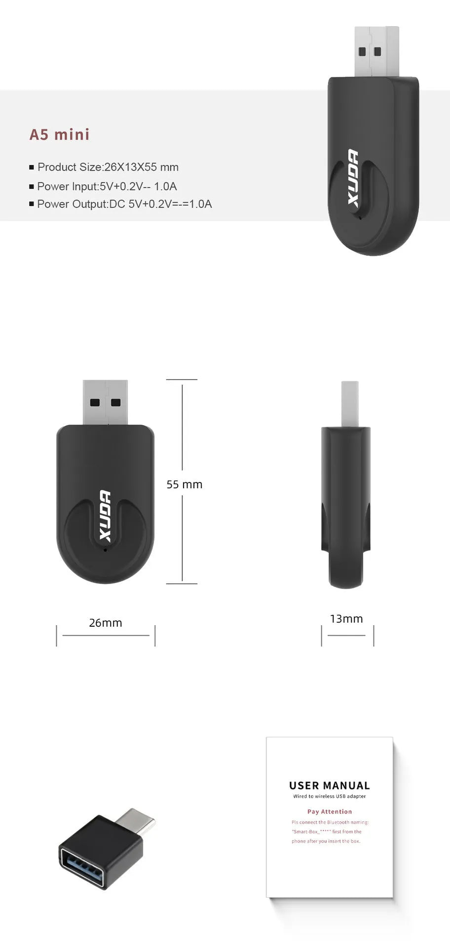 Black CarPlay USB interface adapter measuring 26x55x13mm for wireless Apple CarPlay connectivity
