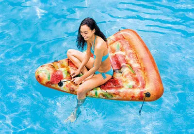 Inflatable pizza-themed surfboard lounger floating on water.