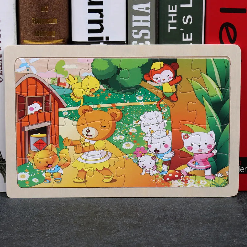 80-piece wooden animal puzzle set in iron box, designed for children aged 3 and over, featuring bear and riding themes