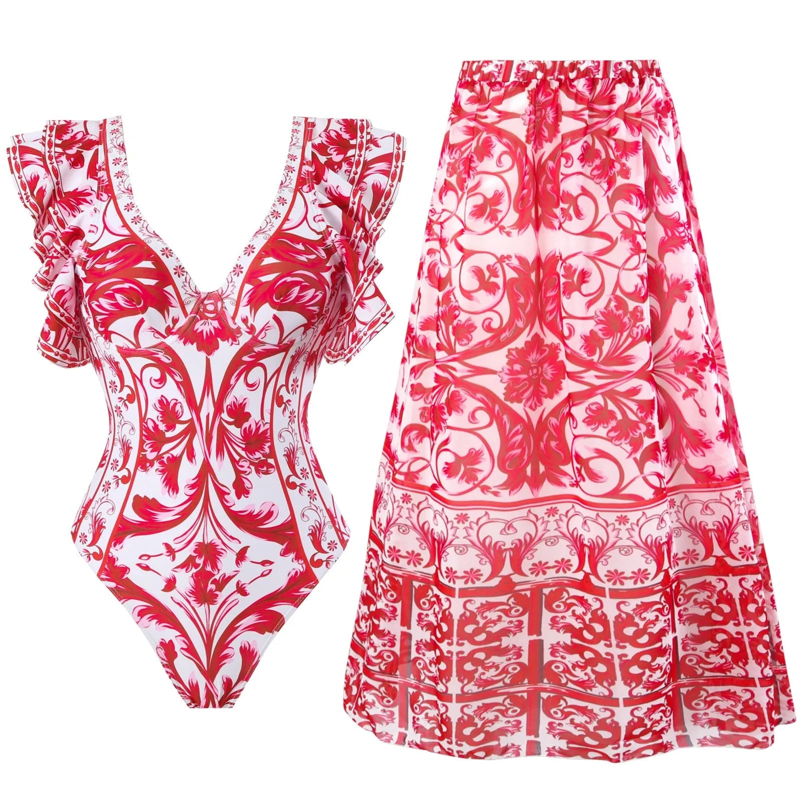 Women's printed polyester one-piece swimsuit on a hanger.