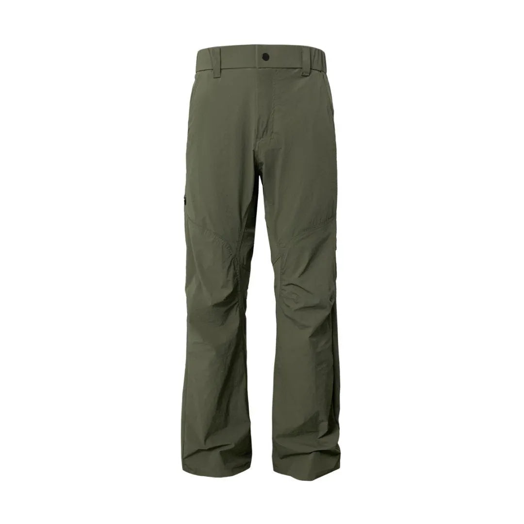 Men's Army Green casual trousers with 3D three-dimensional cutting and a deconstructing design detail on the leg.