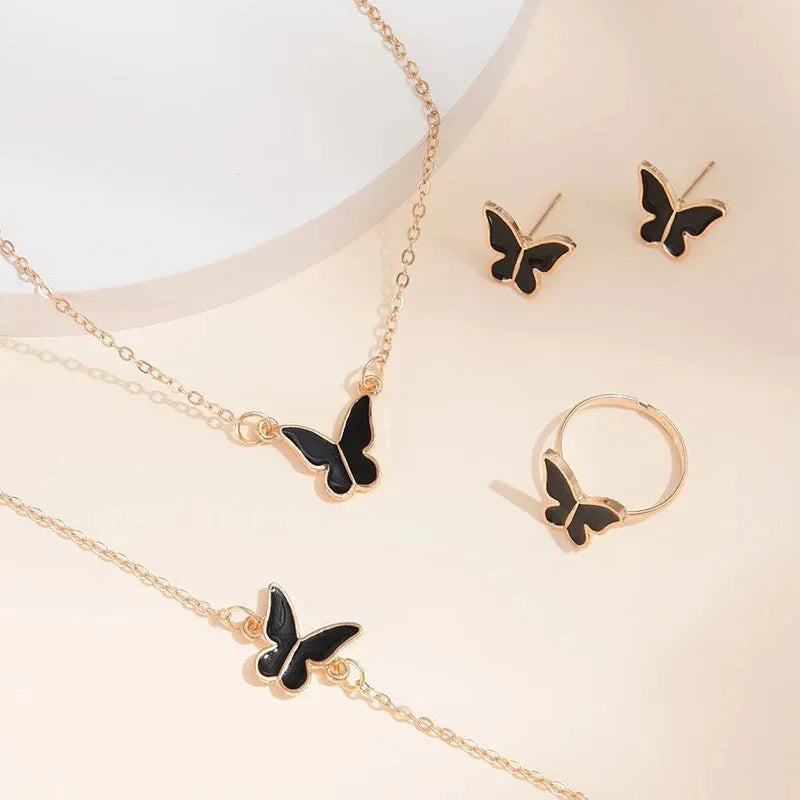 Five-piece butterfly pendant jewellery set for women including necklace earrings ring bracelet in black alloy electroplated finish