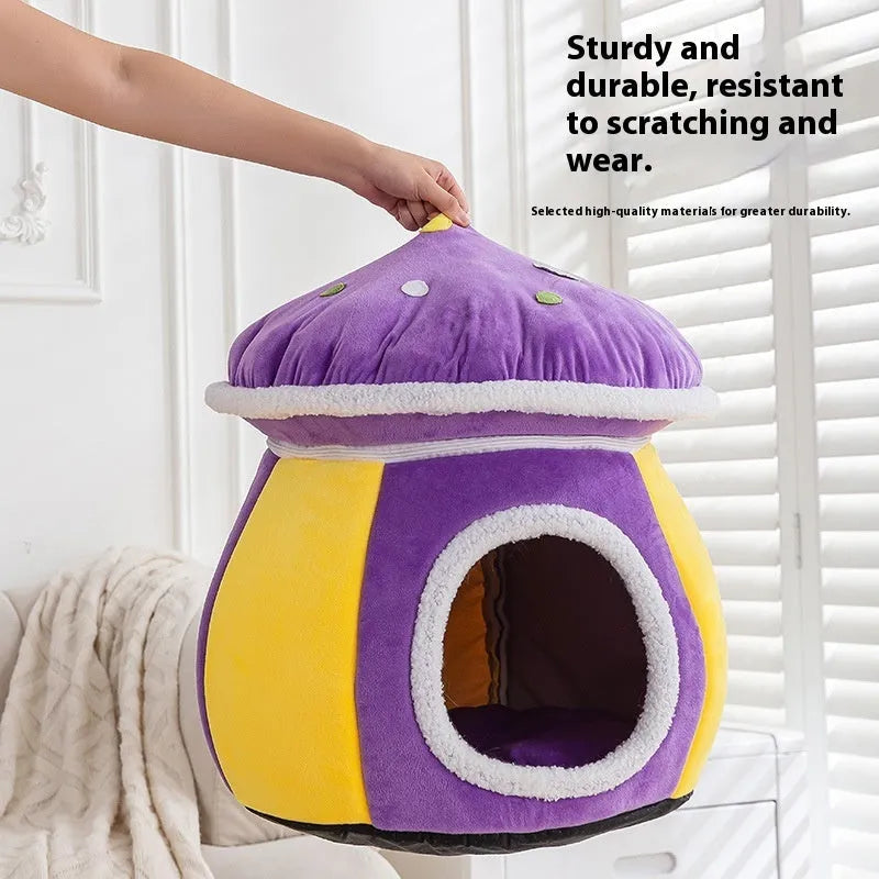 Grey mushroom-shaped plush cat bed showing enclosed cave design for cats.
