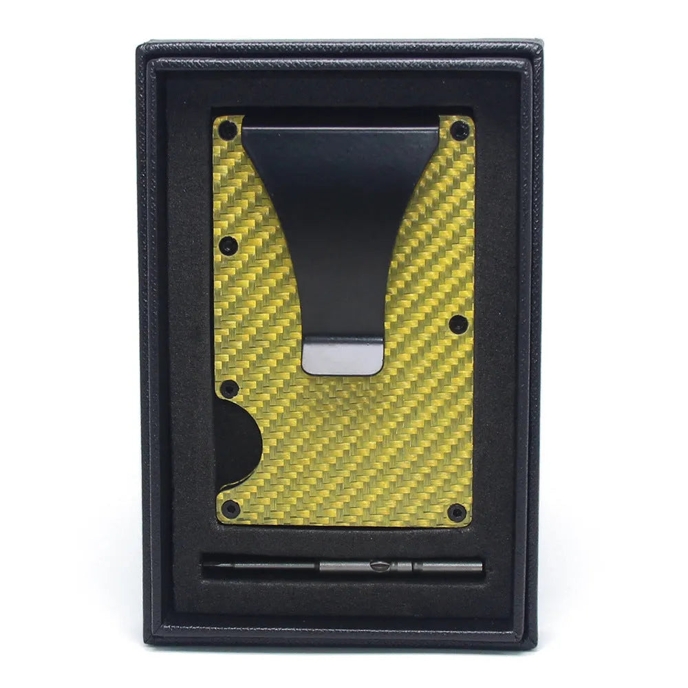 Geometric aluminium and carbon fibre card wallet for business cards and banknotes in a gift box.
