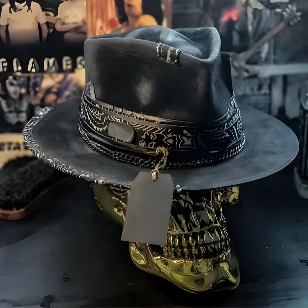 Handmade wool felt skull hat with a conical crown on a model, shown in the skull hat colour variant.