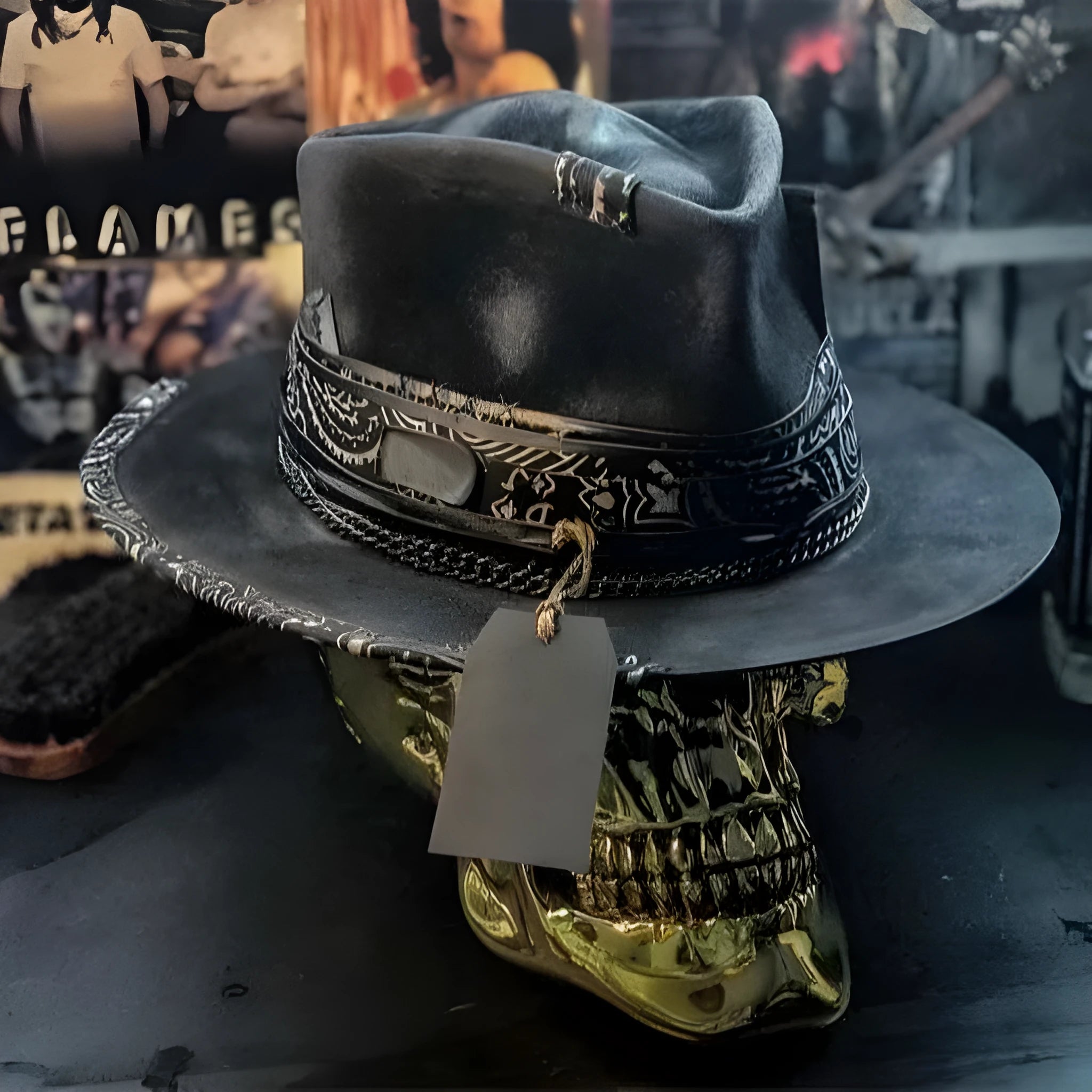 Handmade wool felt skull hat with a conical crown on a model, shown in the skull hat colour variant.