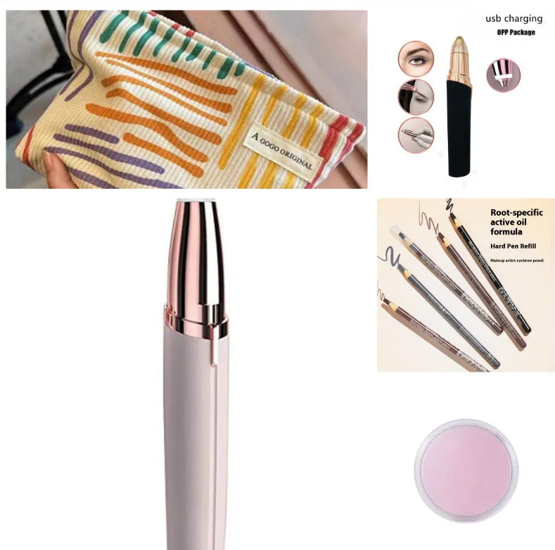 Eyebrow epilator pen with gold plated head and LED light on pink background
