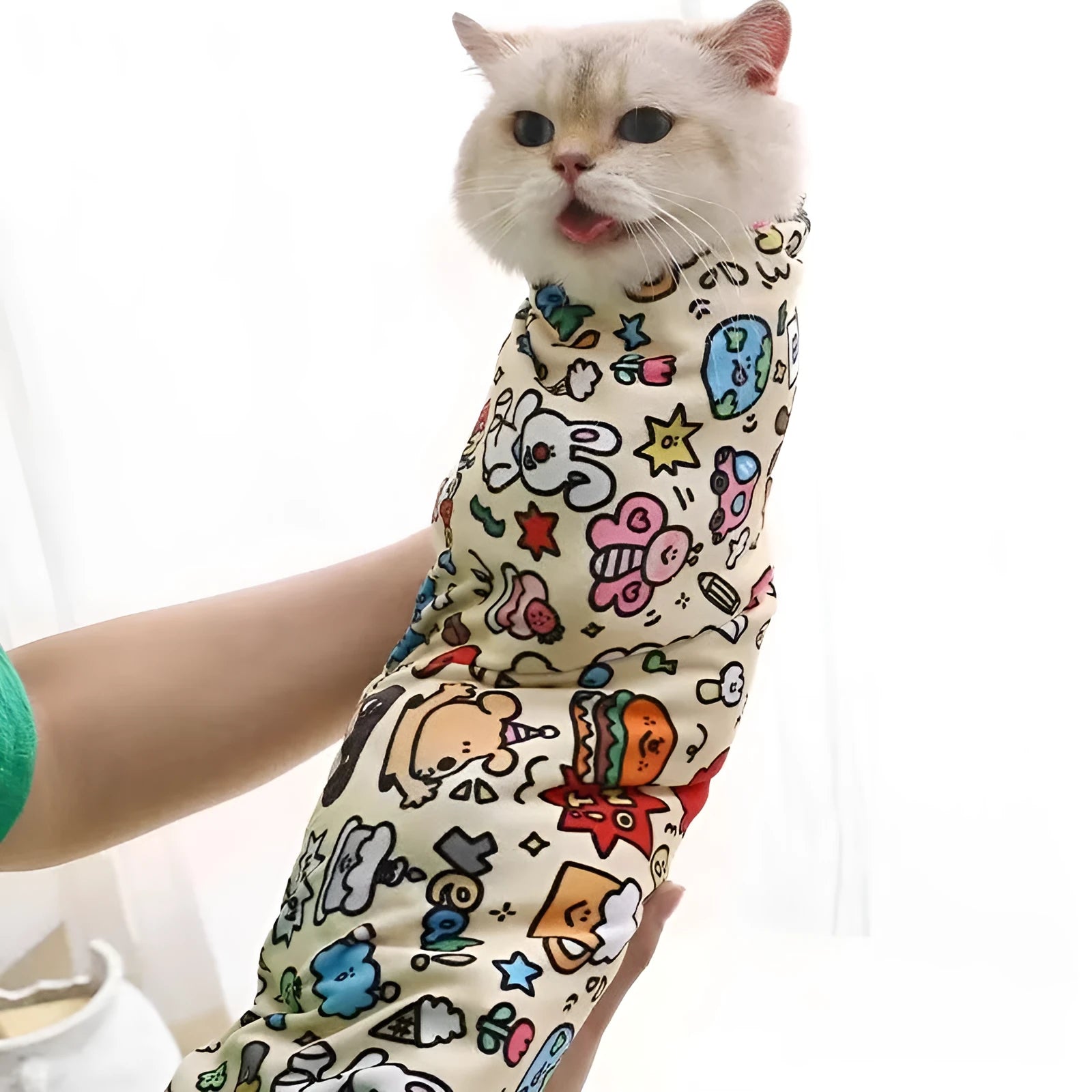 Nylon cosmetic bag with cartoon cat print in blue puppy design, shown in large 55cm size.