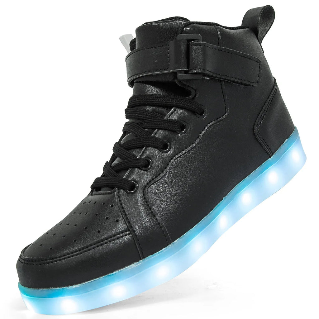 Black high-top LED light-up shoes with Velcro strap and glowing soles