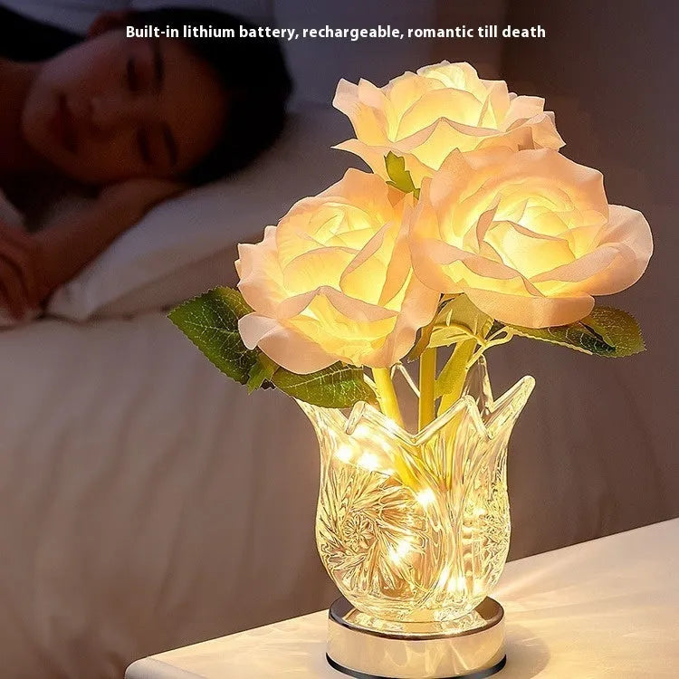 Crystal flowers decorative table lamp with USB charging port and touch-sensitive base for dimming.