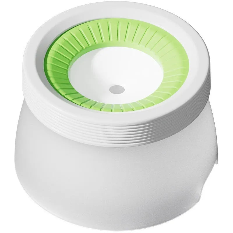 Suspended pet water bowl with non-wet mouth design in green colour showing bowl and base plate