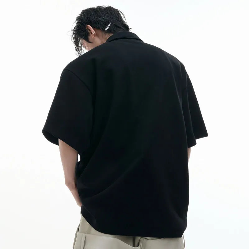 Men's deconstructed multi-collar polo shirt with geometric pattern in black, grey or white colours