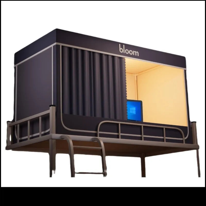 Grey polyester bed curtains with integrated mosquito net for single bed with three door access