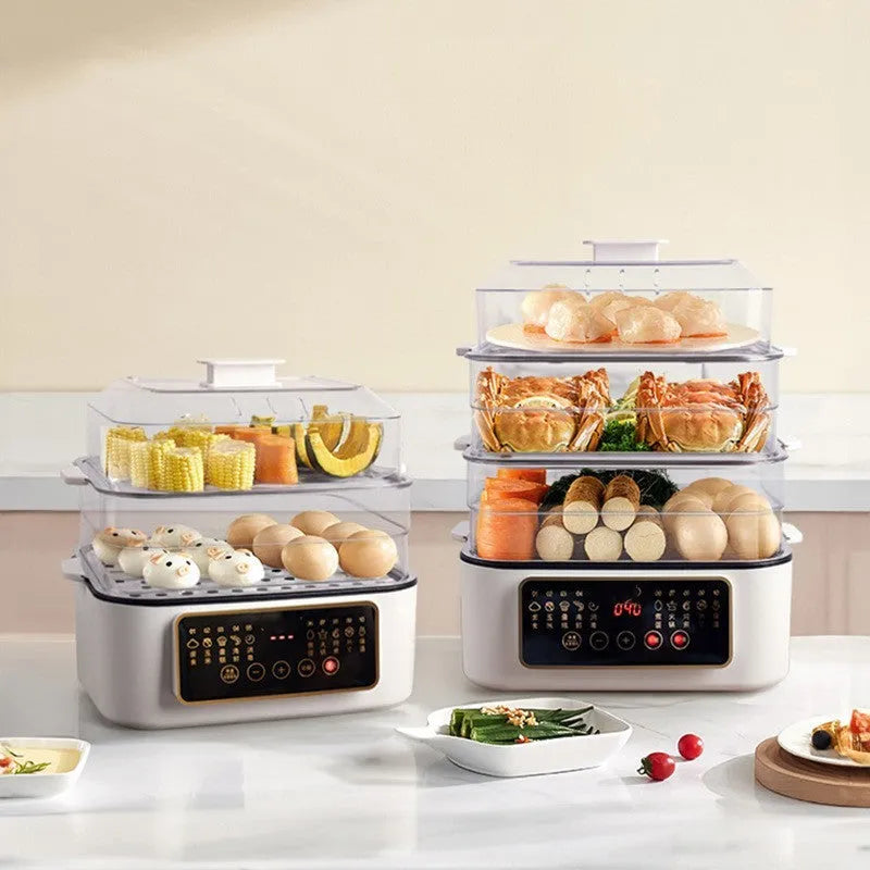 Stainless steel household electric steamer appliance with digital display and steaming rack.