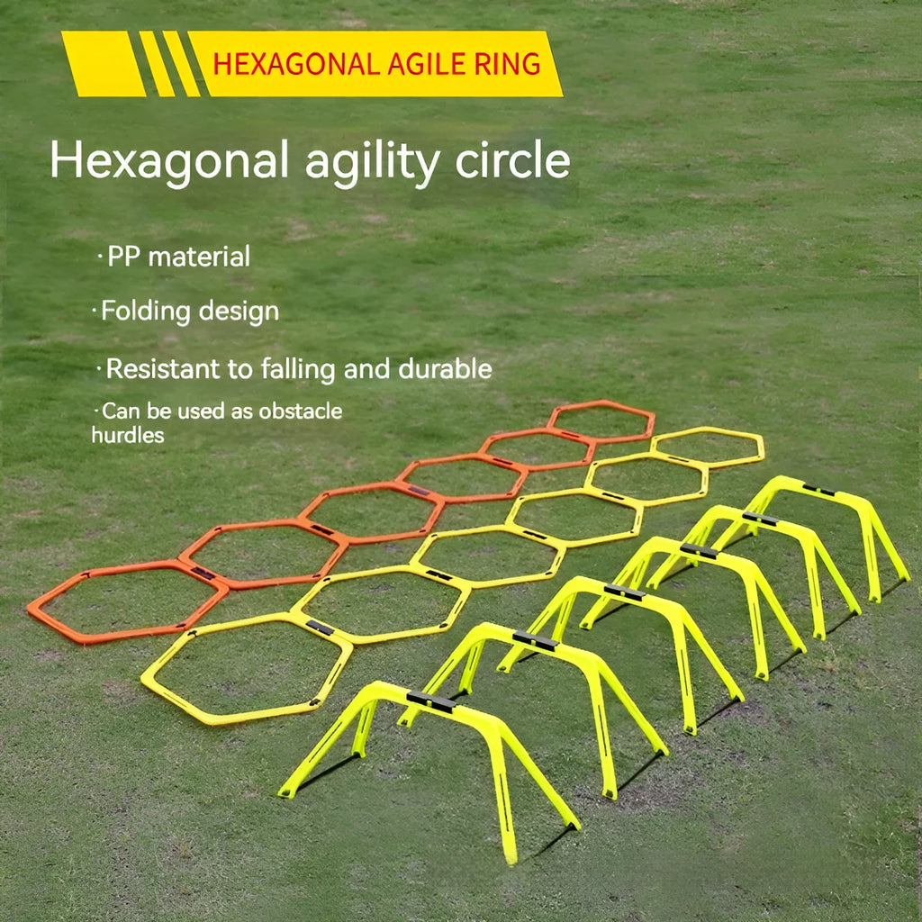 Set of six foldable yellow hexagon plastic agility training rings for sports drills.