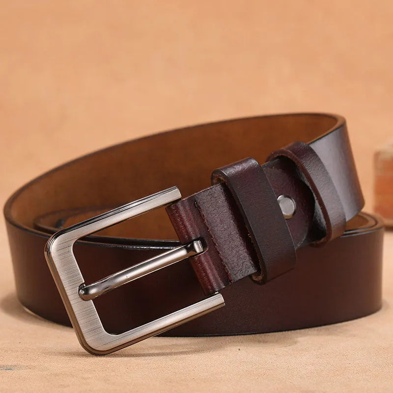 Square head pin buckle casual belt in black or brown with alloy construction