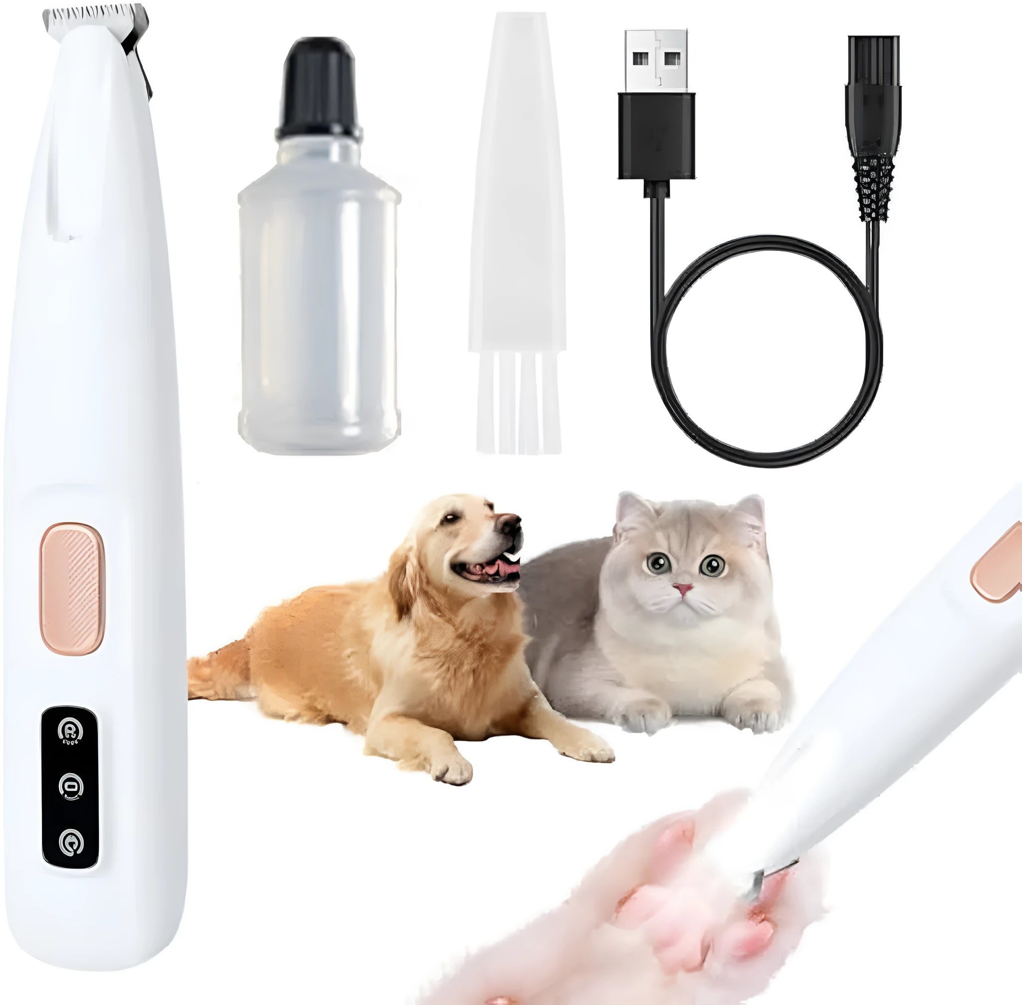 White rechargeable electric dog paw trimmer with LED light on a compact, low-noise grooming clipper.