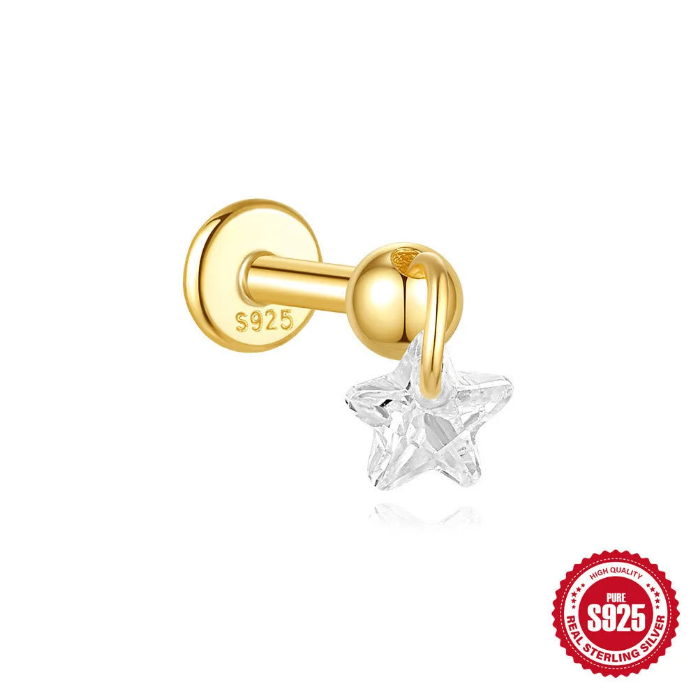 S925 sterling silver geometric moon and star earrings with cubic zirconia stones in a gold tone finish.