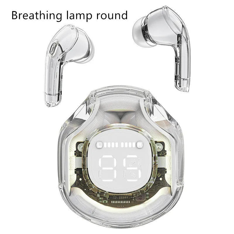 Transparent wireless Bluetooth headset with in-ear design in white, black, pink, sky blue or violet colours
