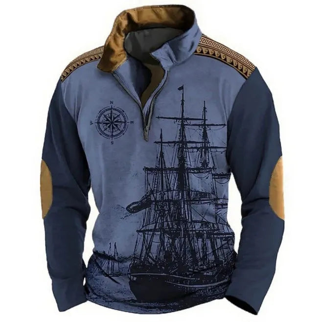 Men's loose fit retro printed golf t-shirt with stripe pattern and zipper decorations on long sleeves