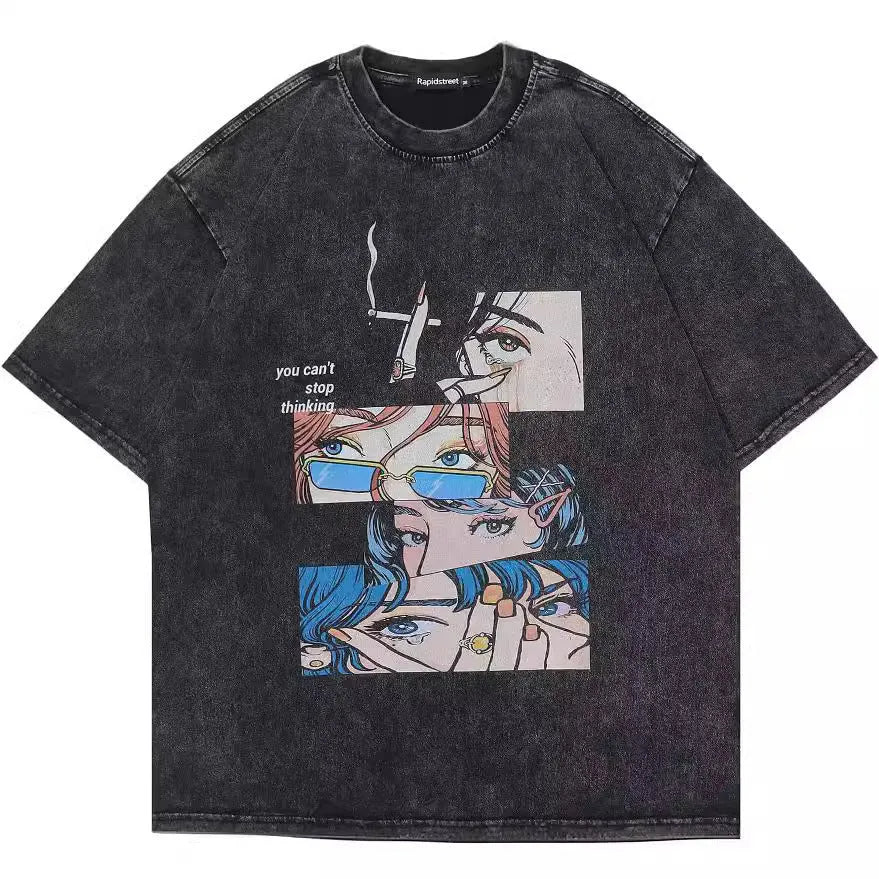 Men's washed black cotton t-shirt with a cartoon print, featuring short sleeves and a loose fit.
