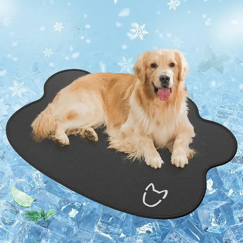 Ice silk dog cooling mat with dog head pattern in four colour options on non-slip base