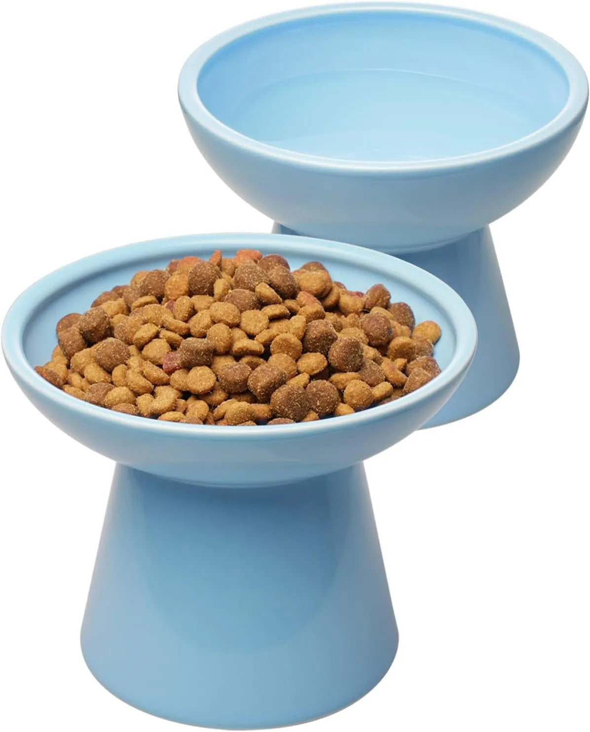 Extra wide elevated ceramic cat food and water bowl in blue, green, pink or white