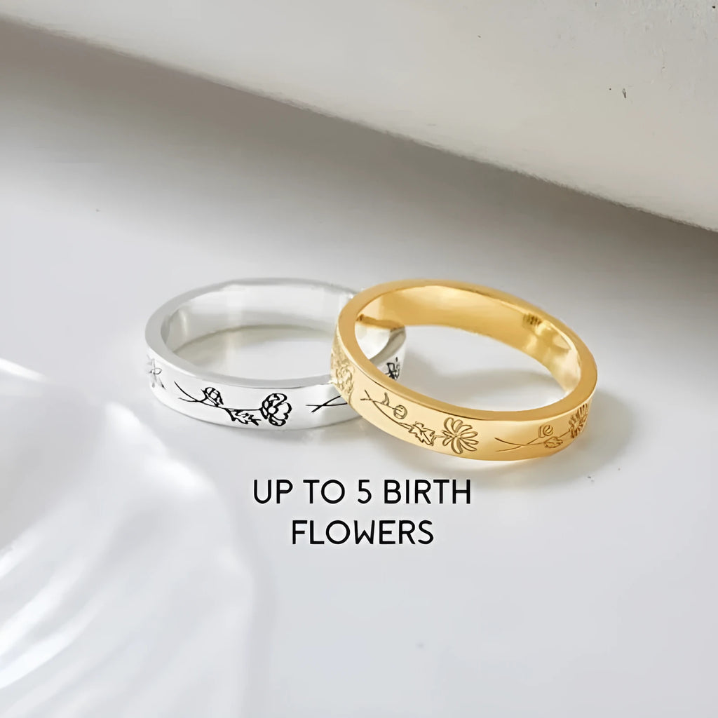 925 silver birthday flower ring with electroplated gold finish on white background