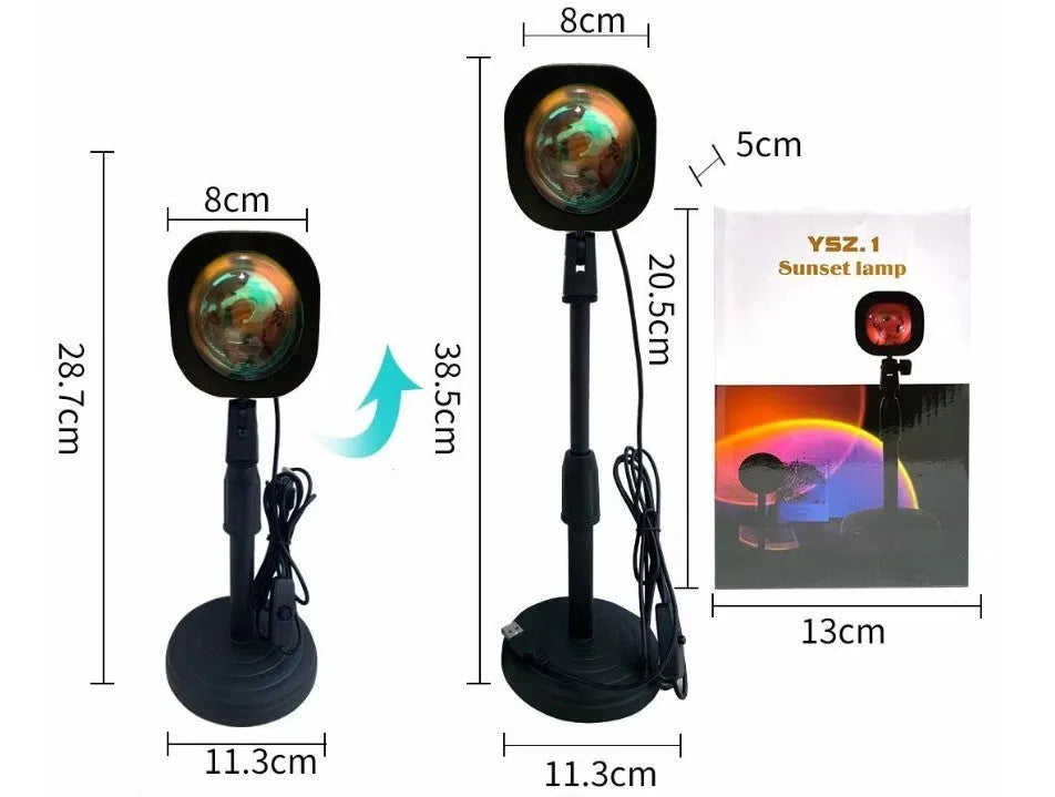 Sunset red coloured USB rechargeable projection lamp showing rainbow light projection