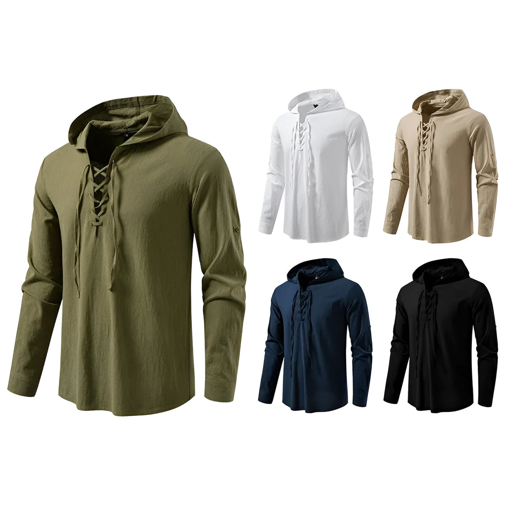 Men's cotton-linen long sleeve shirt with medieval pirate drawstring in khaki colour, slim fit, front view