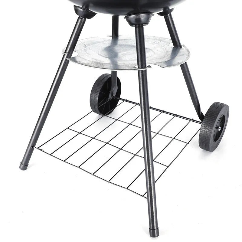 Portable 14-inch iron barbecue grill oven with apple stove design on a neutral background